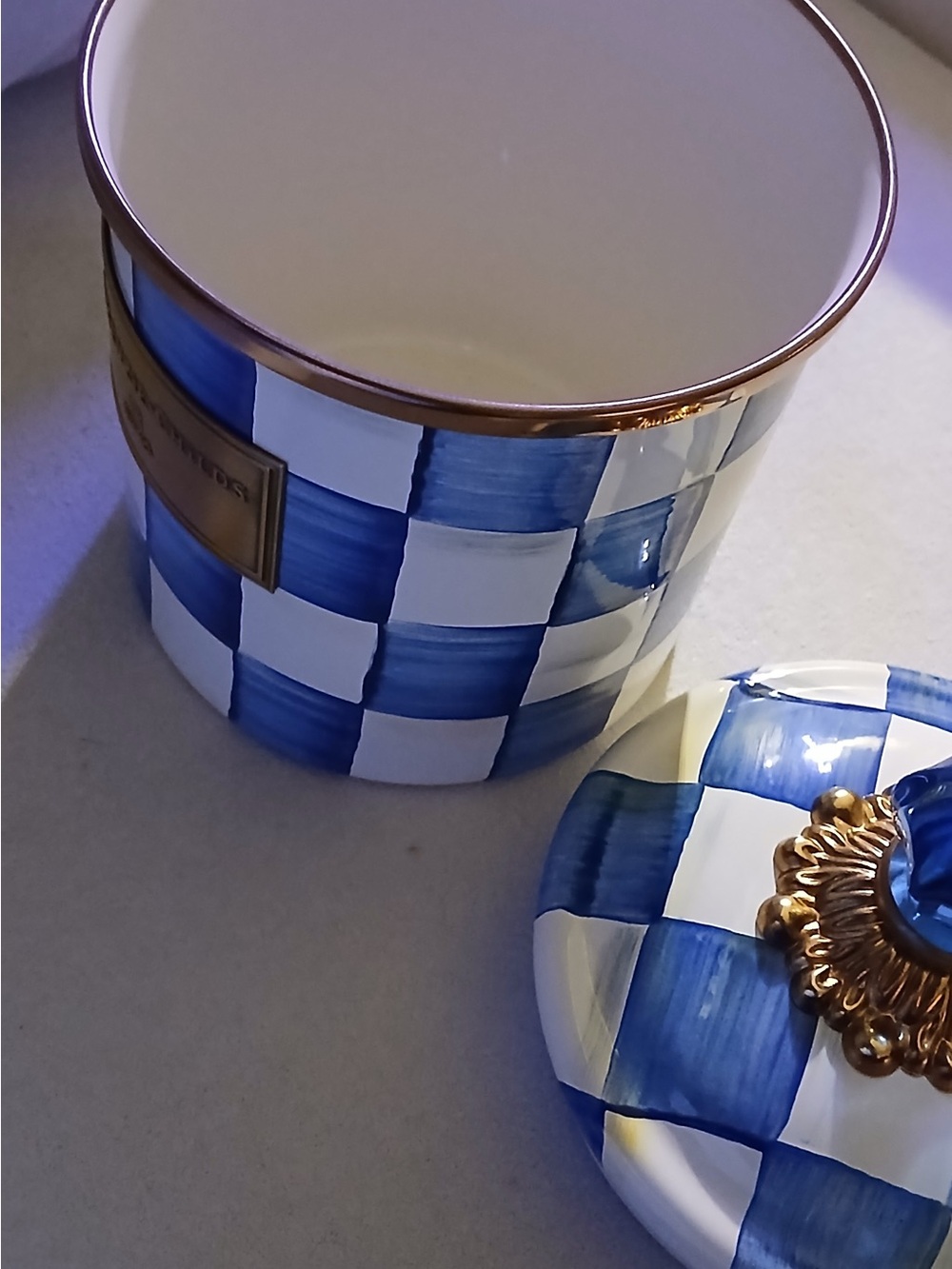 MacKenzie-Childs Blue and White Checked Ceramic with Brass Plaque - Picture 6 of 8